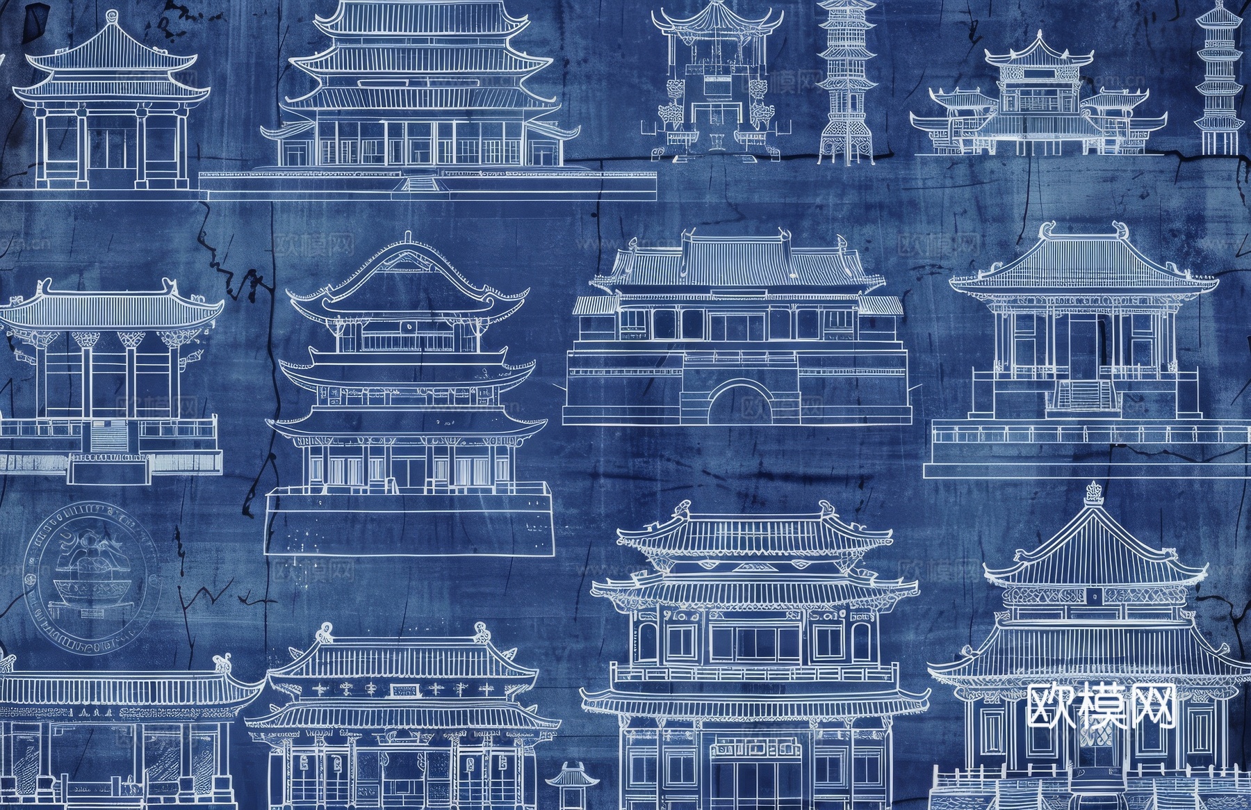 新中式亭台楼阁线条建筑壁画