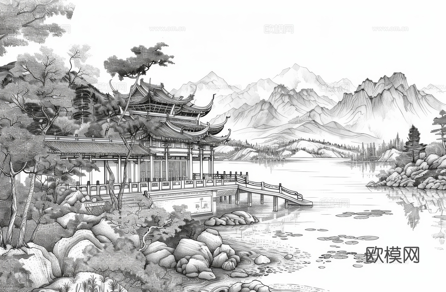 新中式亭台楼阁线条建筑壁画