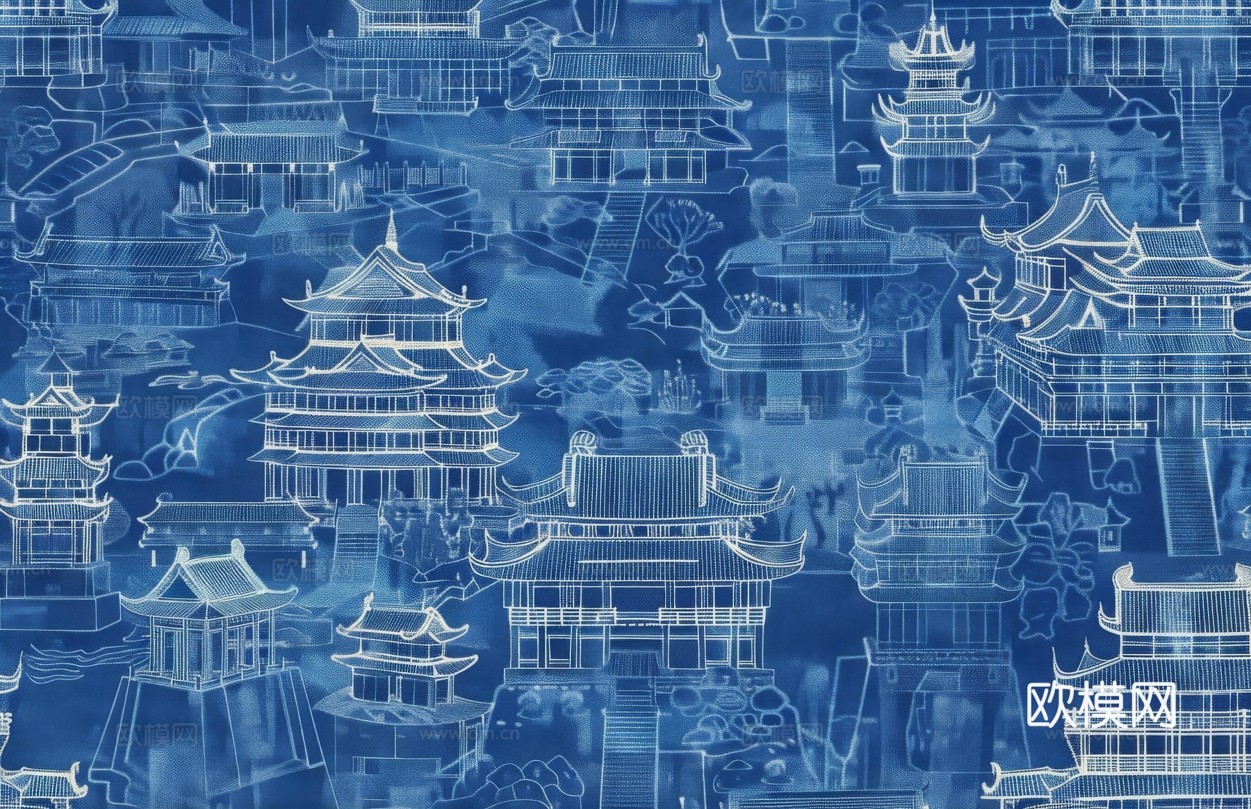 新中式亭台楼阁线条建筑壁画