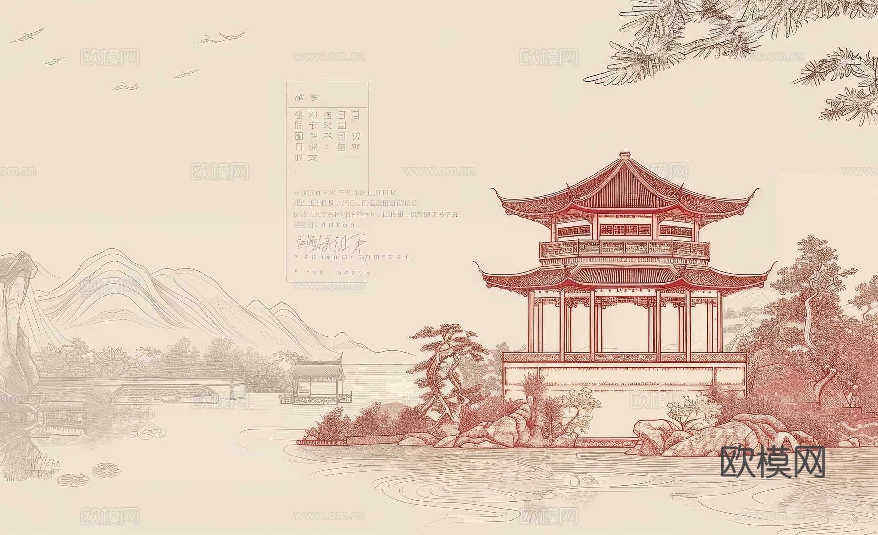 新中式亭台楼阁线条建筑壁画下载（渲染图3）