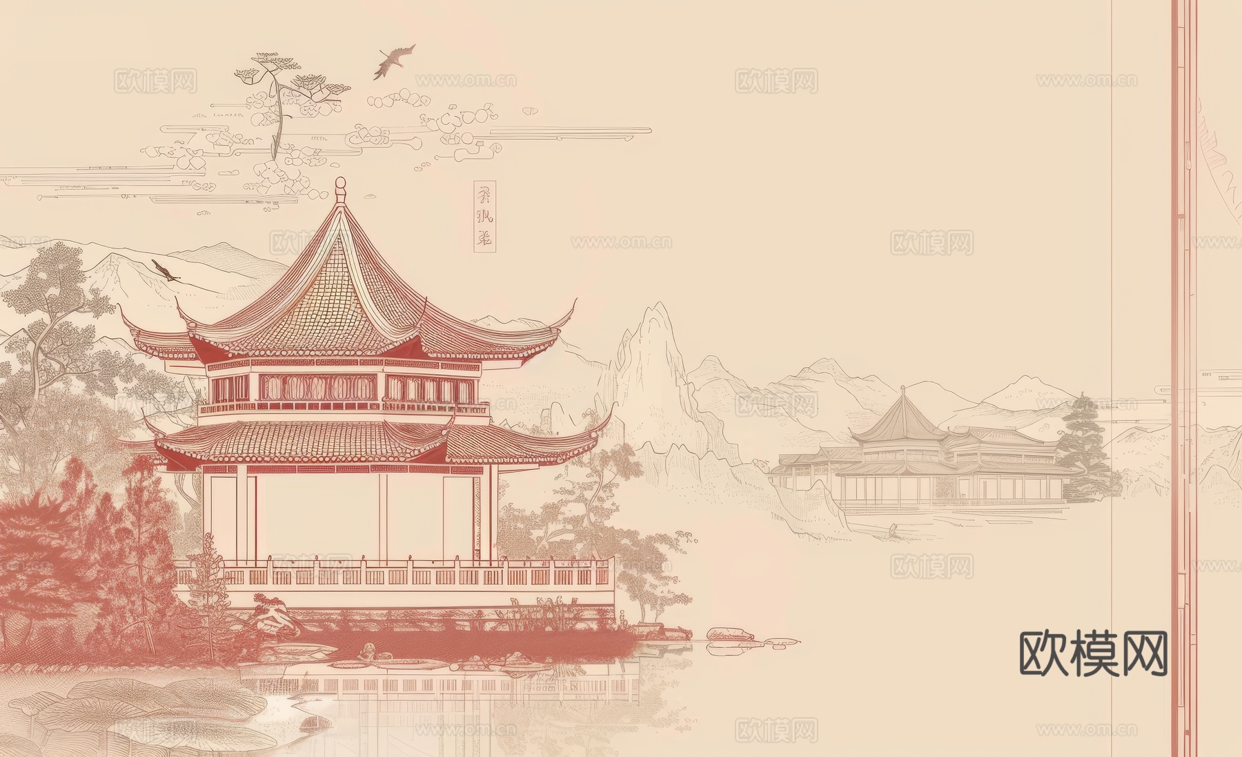 新中式亭台楼阁线条建筑壁画下载（渲染图2）