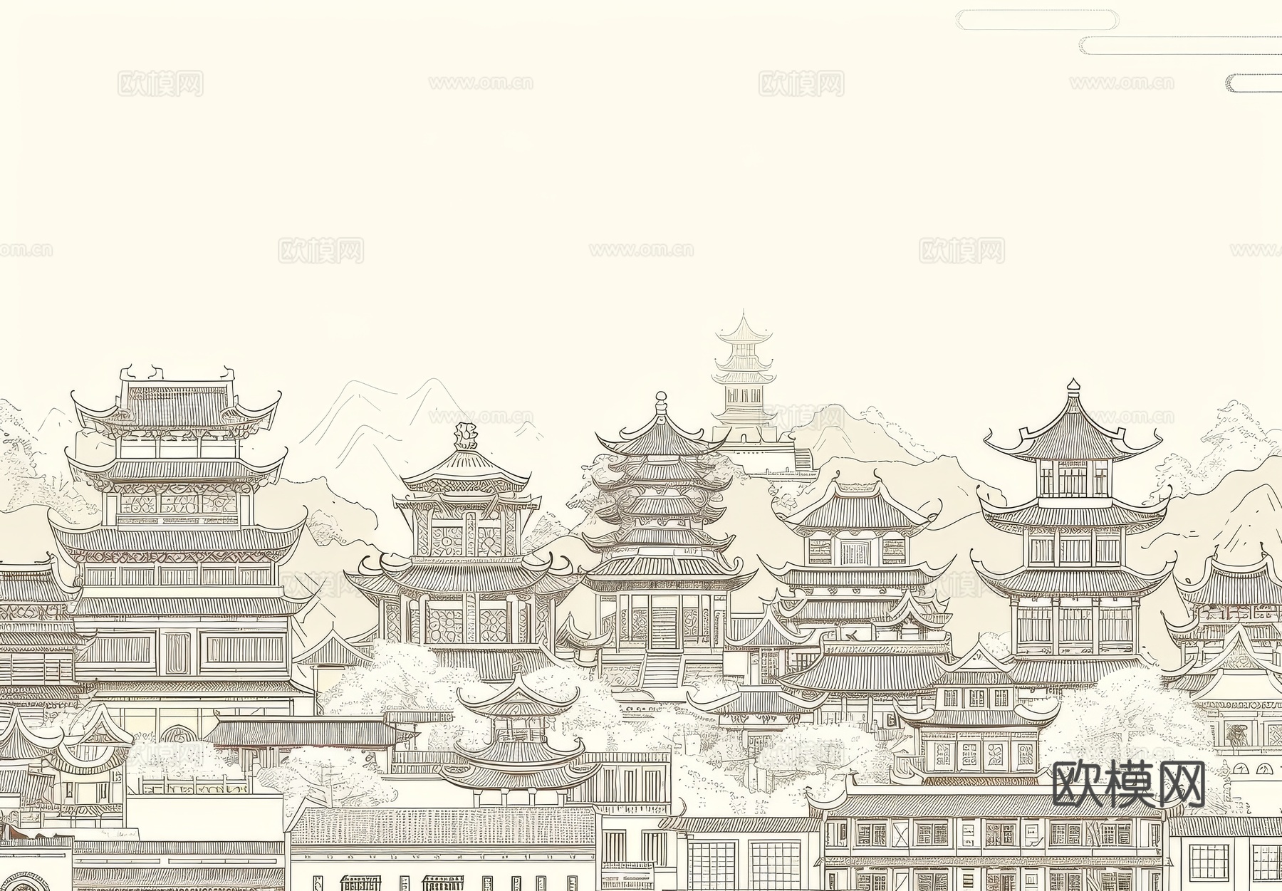 新中式亭台楼阁线条建筑壁画下载（渲染图4）