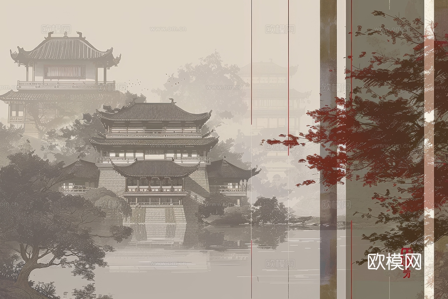 新中式亭台楼阁线条建筑壁画下载（渲染图2）