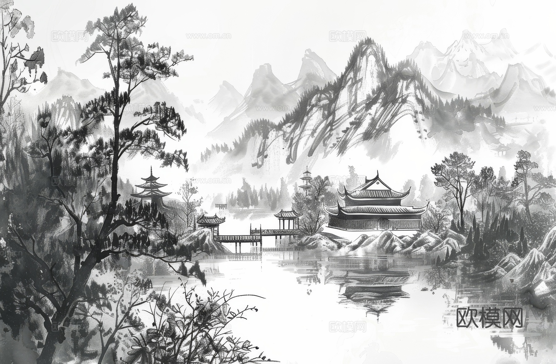 新中式亭台楼阁线条建筑壁画下载（渲染图7）