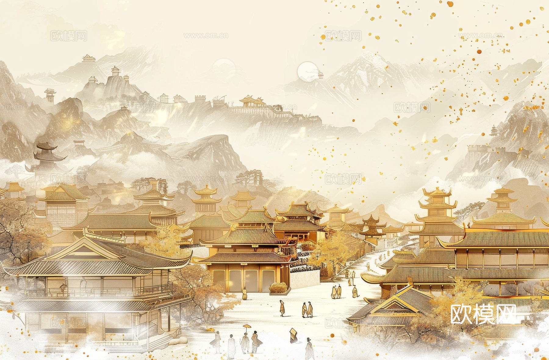 新中式亭台楼阁线条建筑壁画