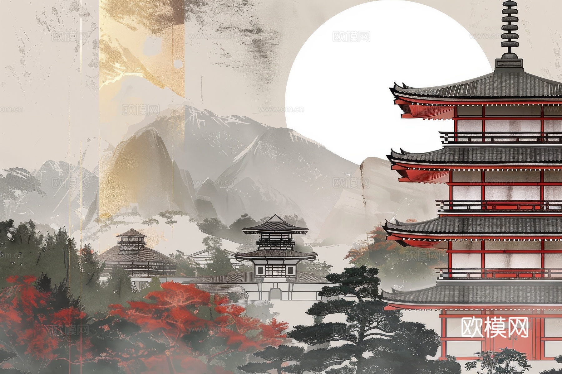 新中式亭台楼阁线条建筑壁画