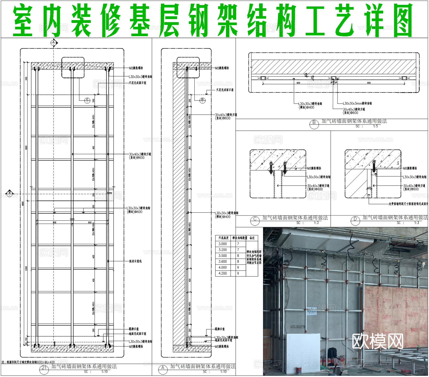 室内装修基层钢架结构工艺详图cad施工图