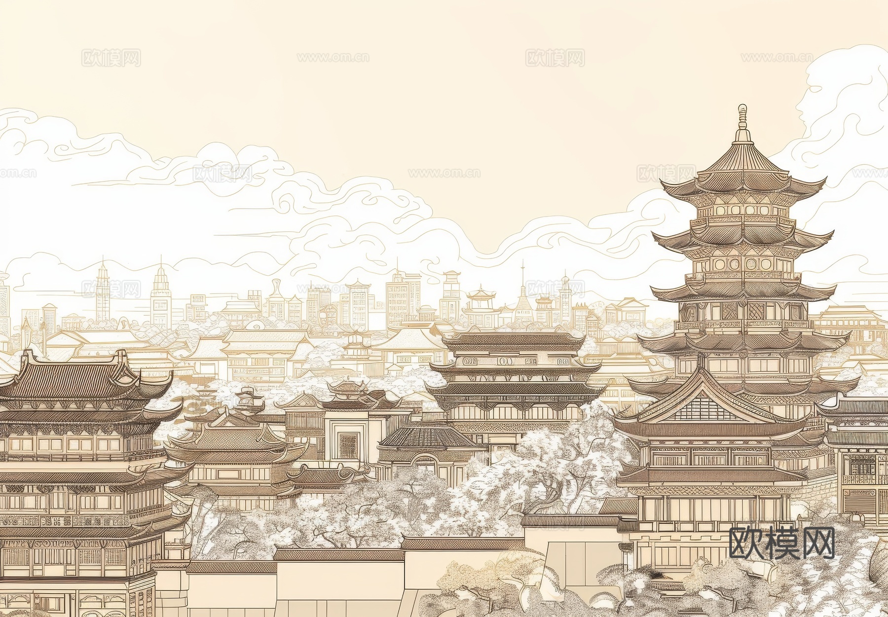 新中式亭台楼阁线条建筑壁画下载（渲染图6）