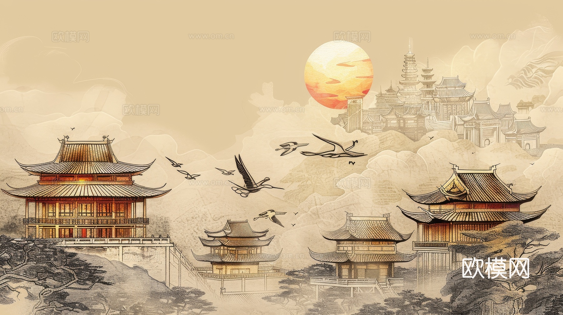新中式亭台楼阁线条建筑壁画