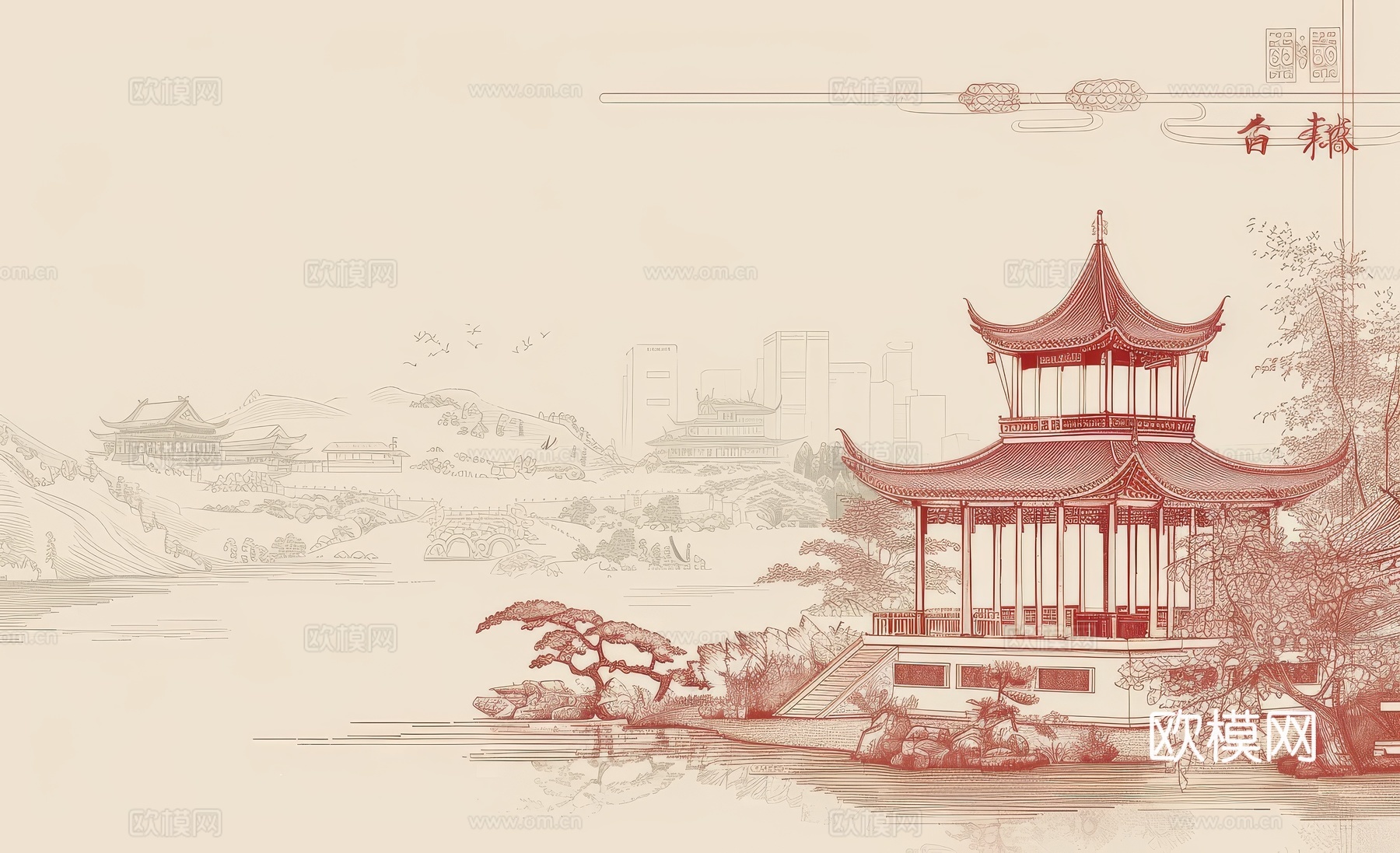 新中式亭台楼阁线条建筑壁画