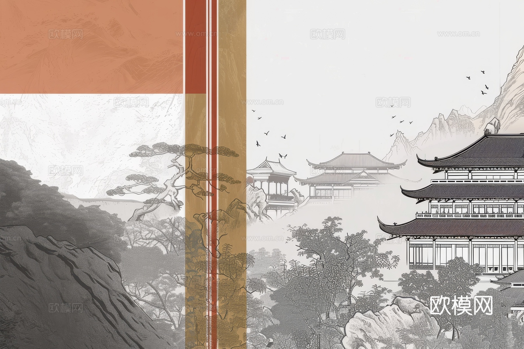 新中式亭台楼阁线条建筑壁画