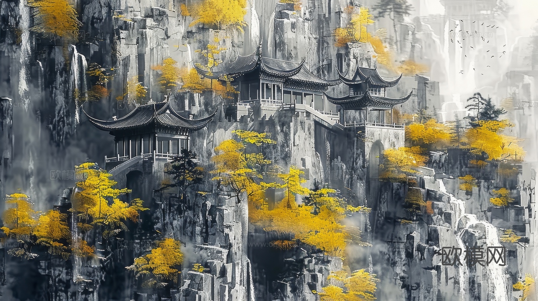 新中式亭台楼阁线条建筑壁画
