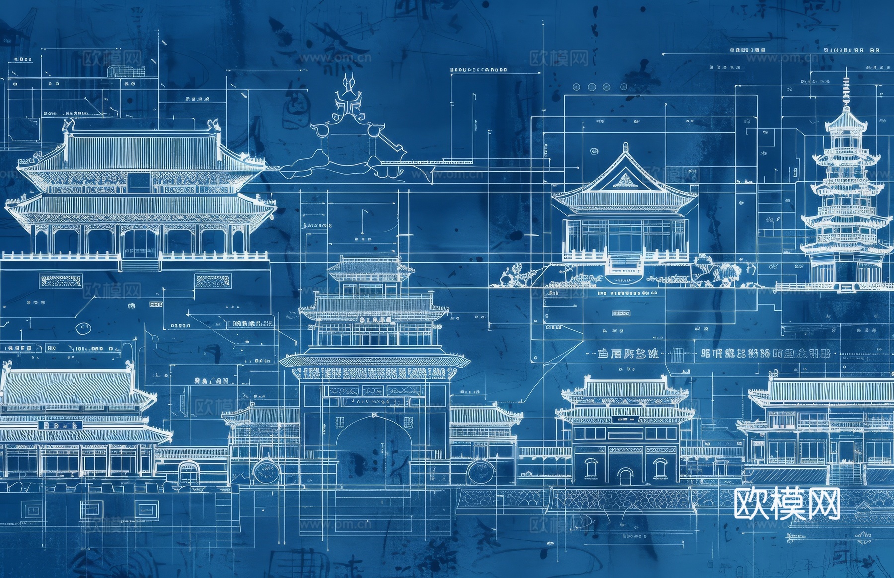新中式亭台楼阁线条建筑壁画