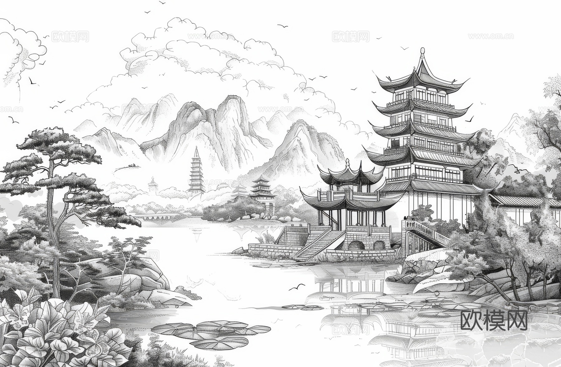 新中式亭台楼阁线条建筑壁画下载（渲染图4）