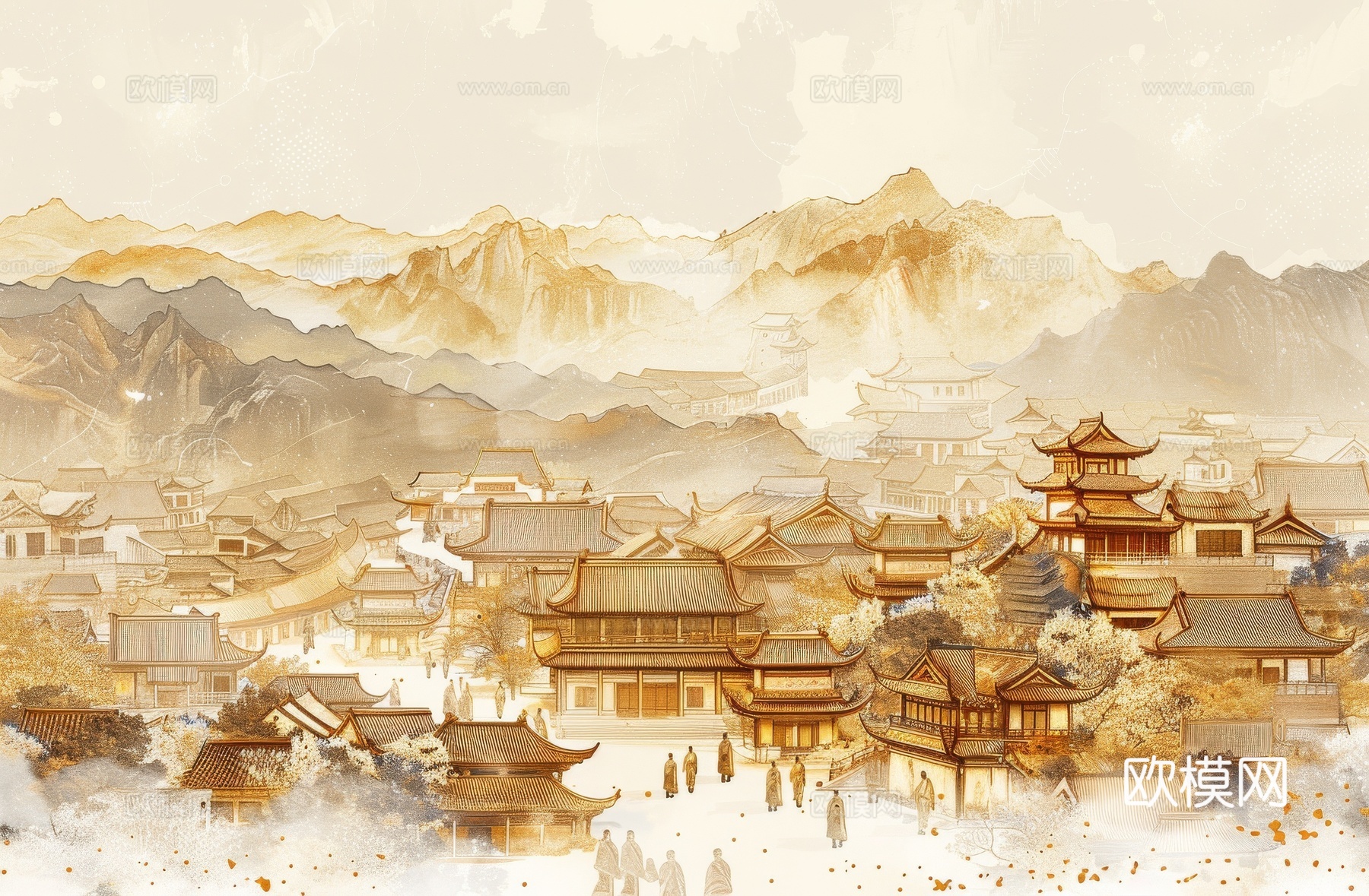 新中式亭台楼阁线条建筑壁画