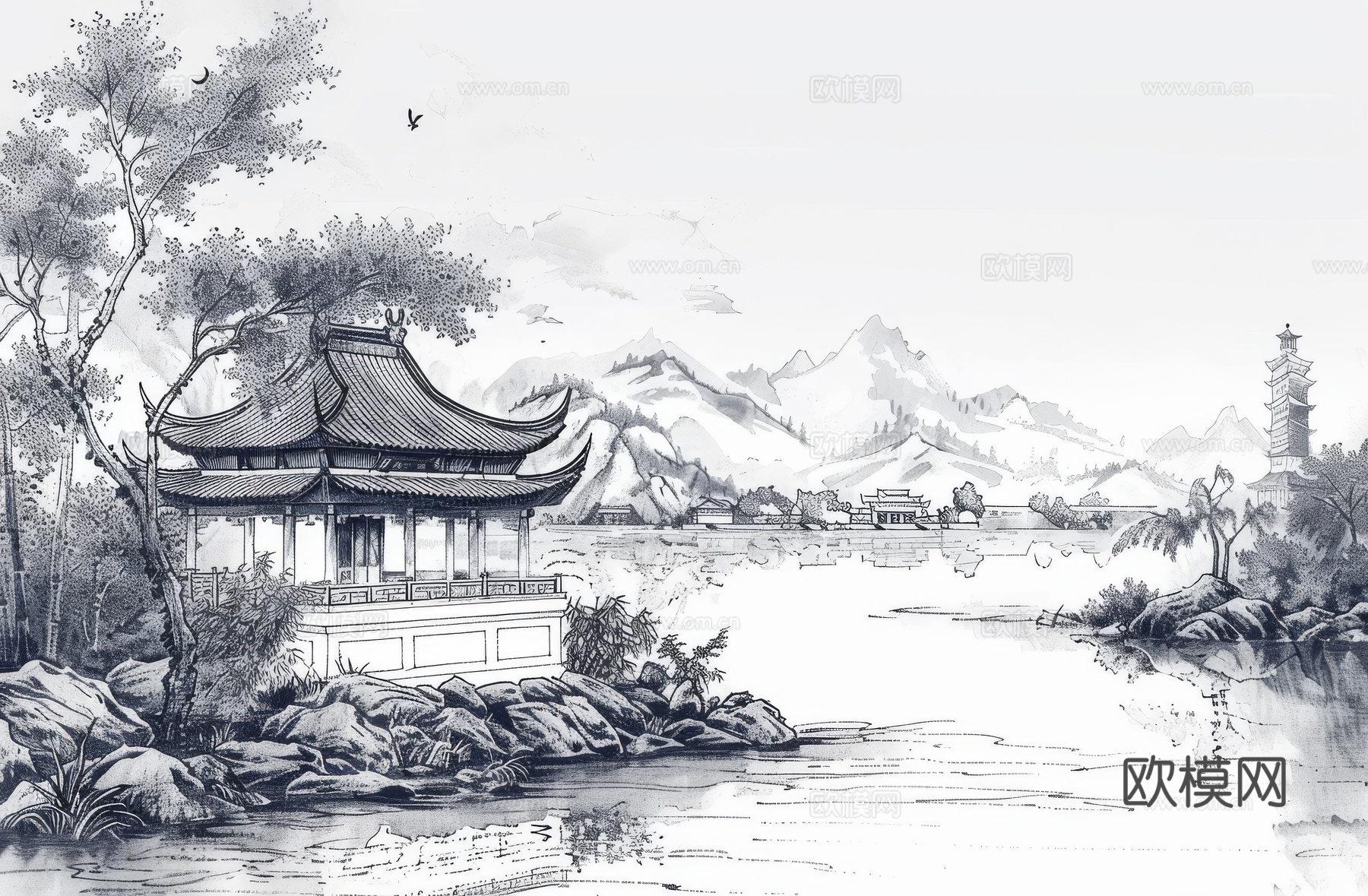 新中式亭台楼阁线条建筑壁画下载（渲染图4）