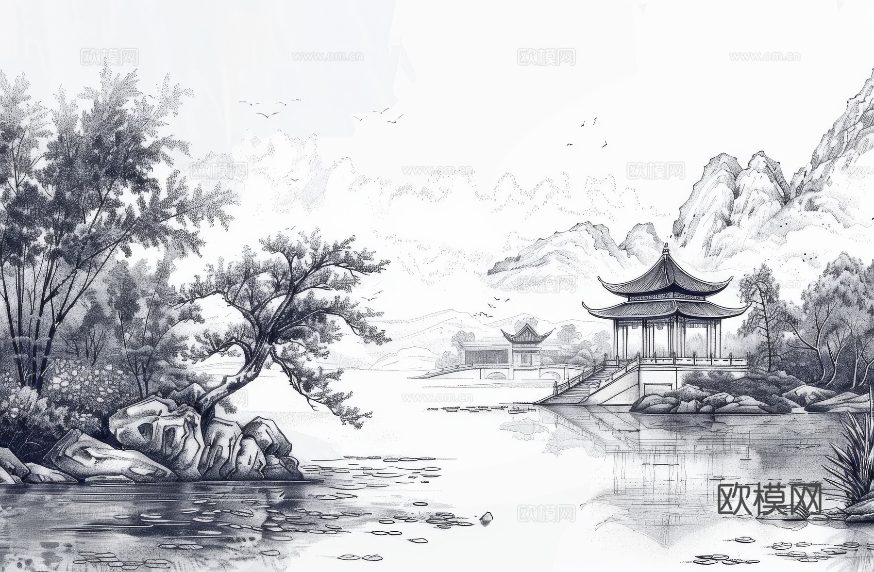 新中式亭台楼阁线条建筑壁画下载（渲染图2）