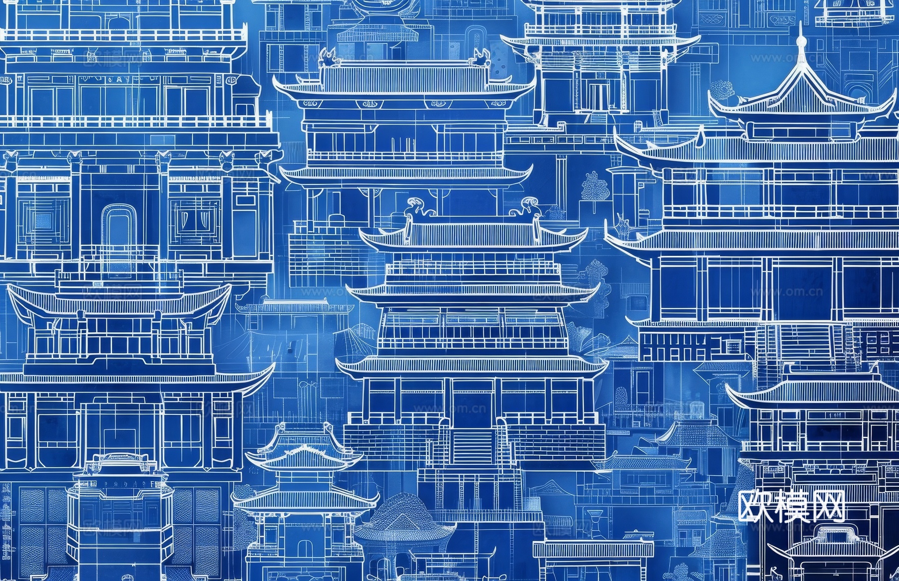 新中式亭台楼阁线条建筑壁画下载（渲染图6）