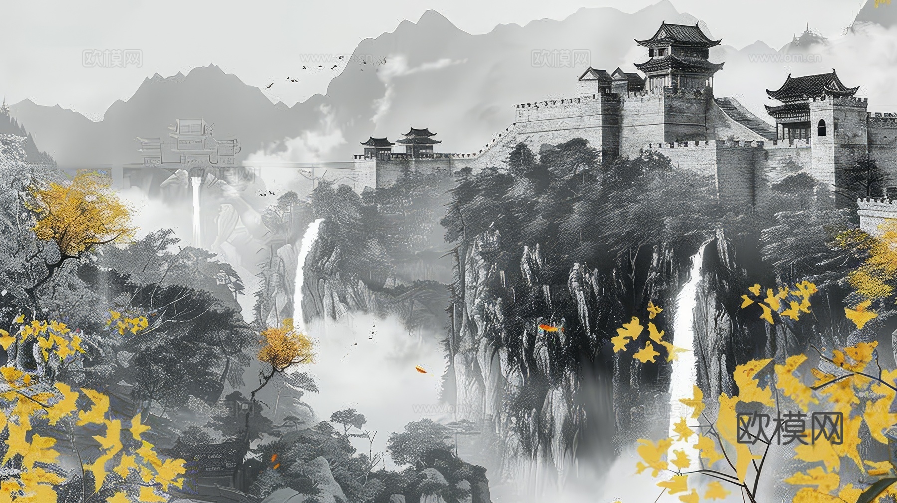 新中式亭台楼阁线条建筑壁画