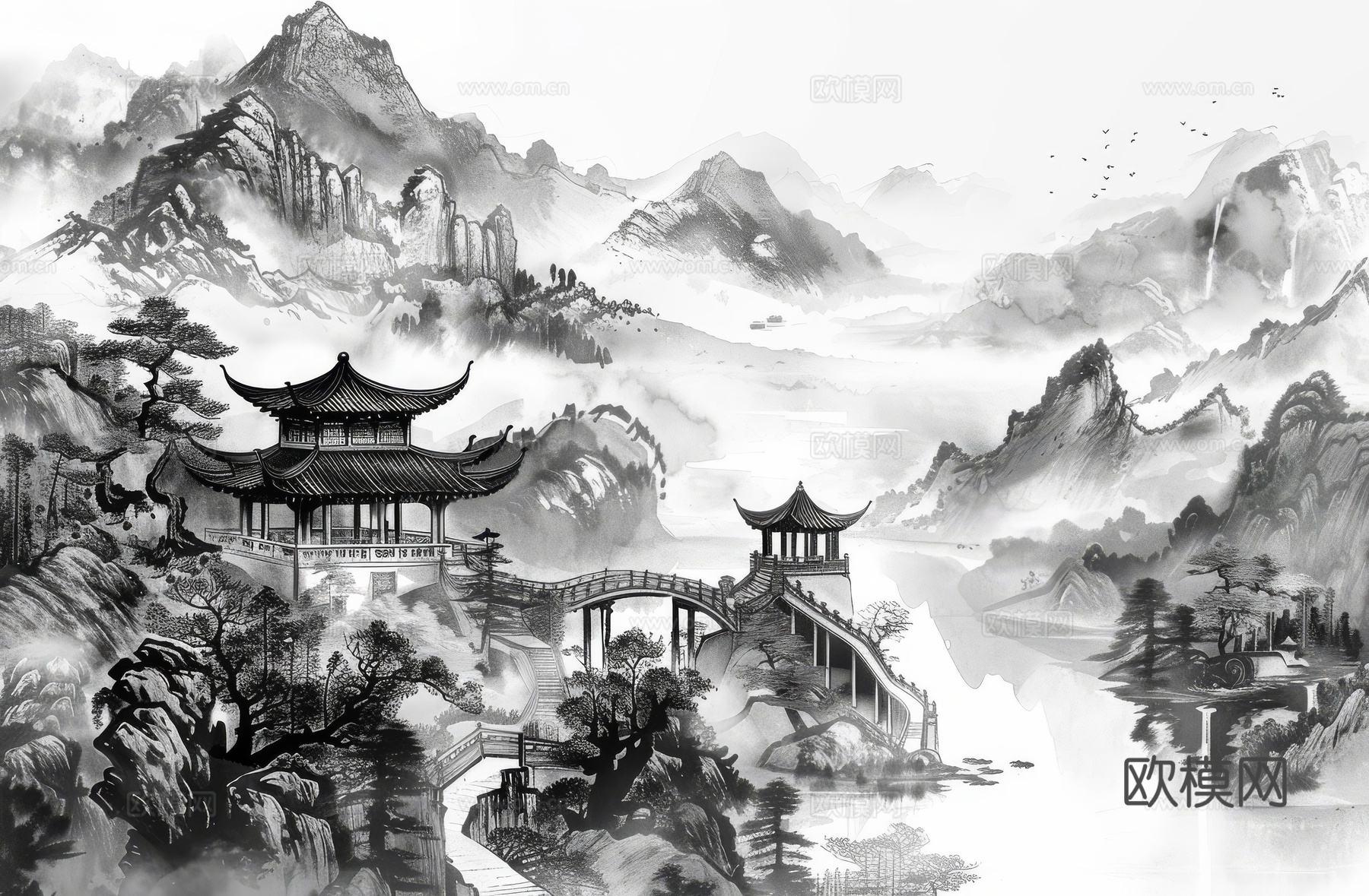 新中式亭台楼阁线条建筑壁画下载（渲染图2）