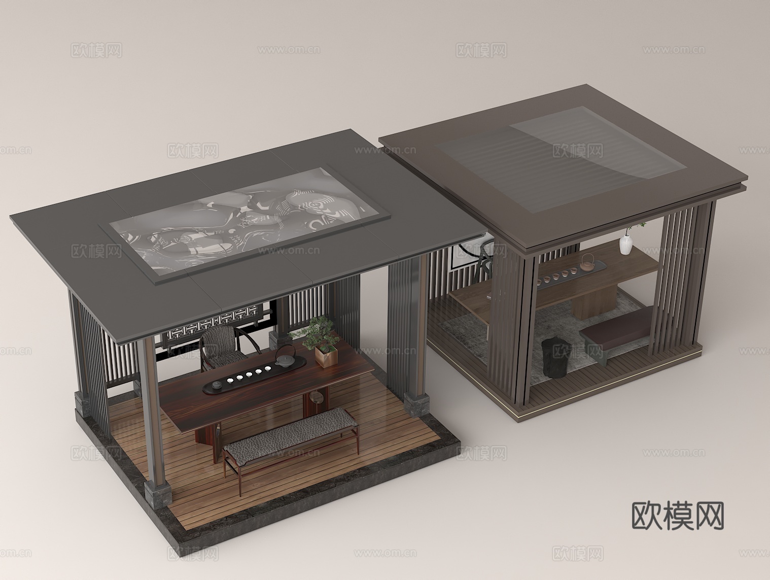 户外休闲空间  新中式茶室 禅意茶舍 古风建筑 木质茶台3d模型