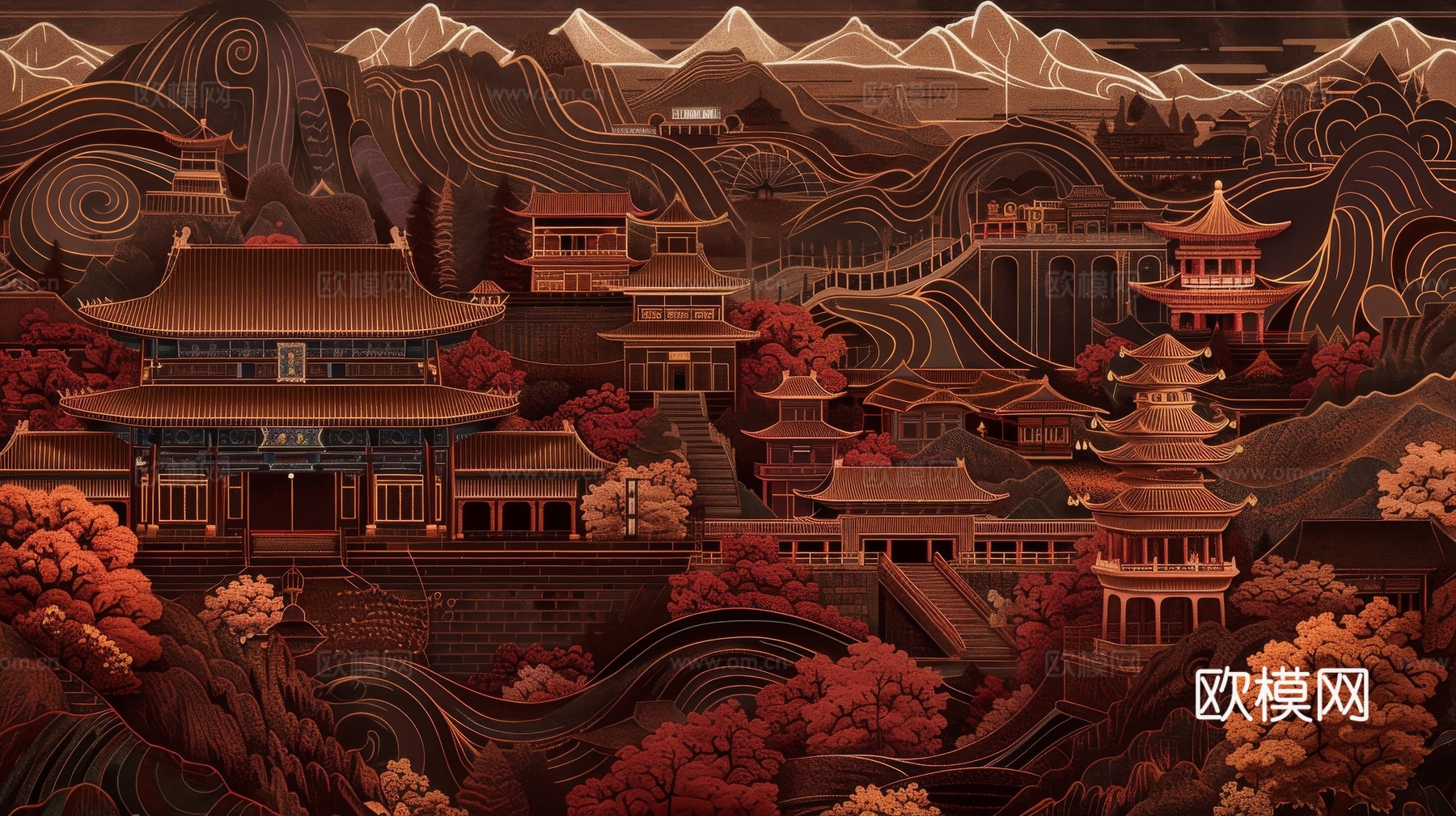 新中式亭台楼阁线条建筑壁画