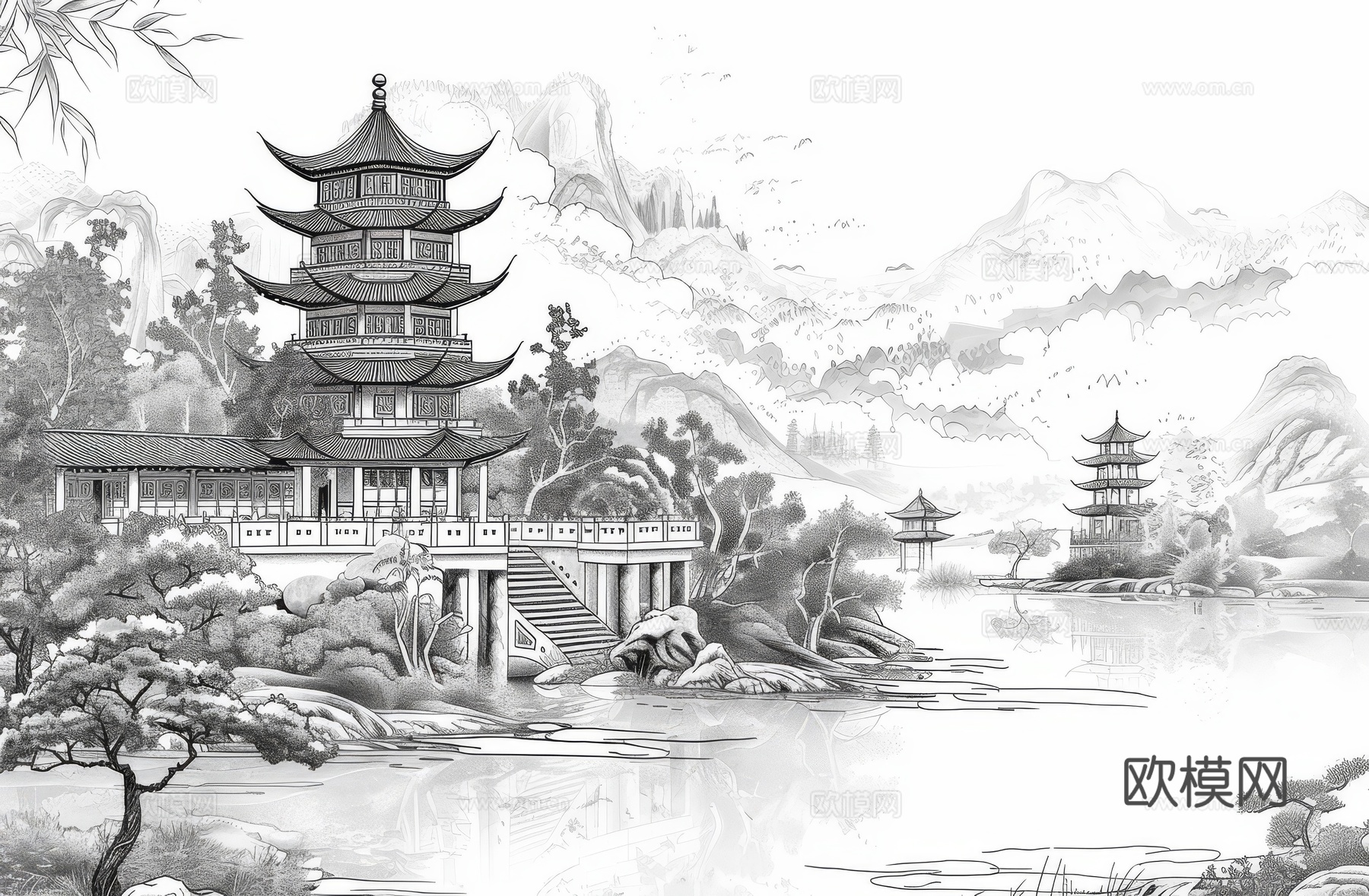 新中式亭台楼阁线条建筑壁画下载（渲染图5）