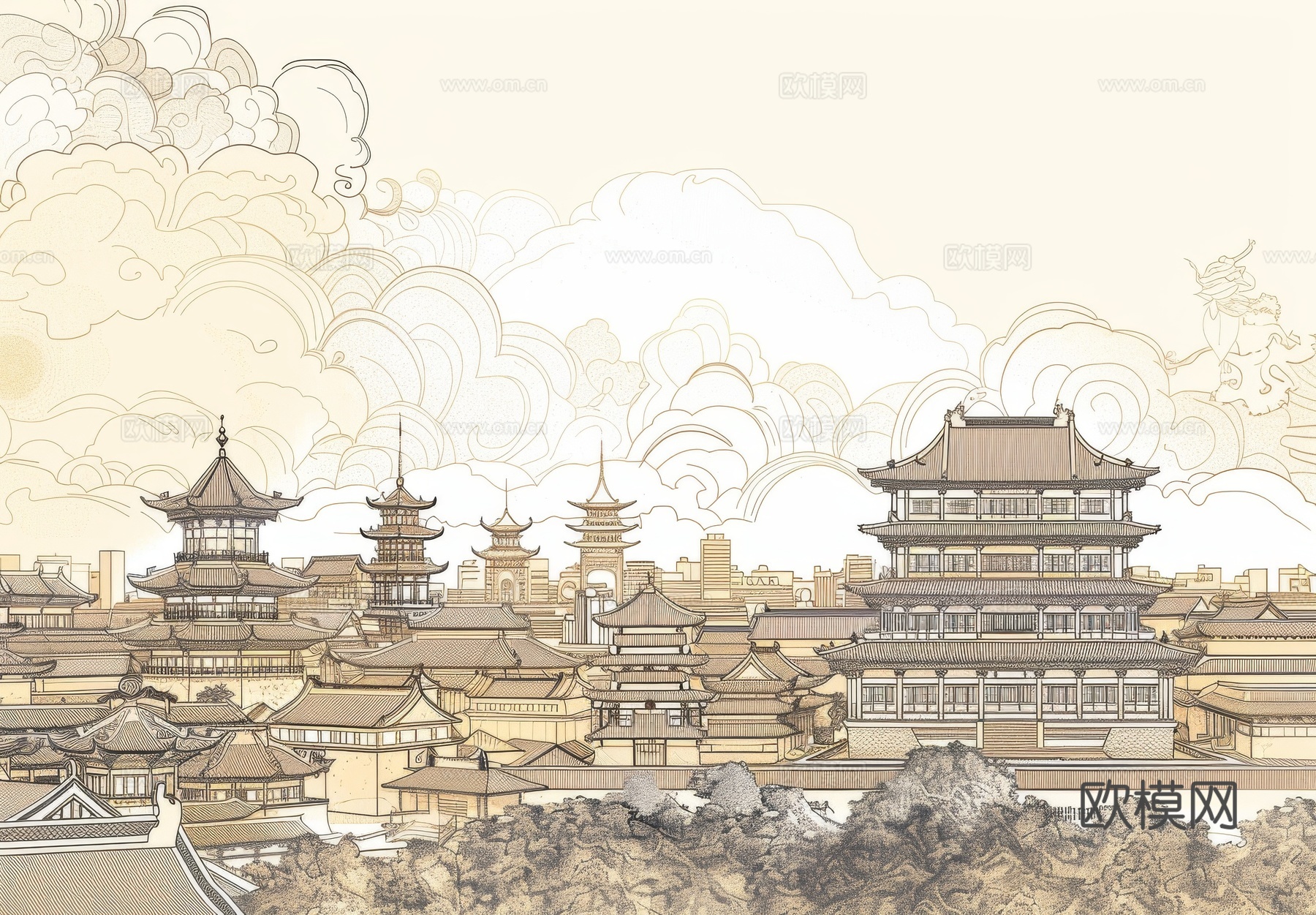 新中式亭台楼阁线条建筑壁画下载（渲染图8）