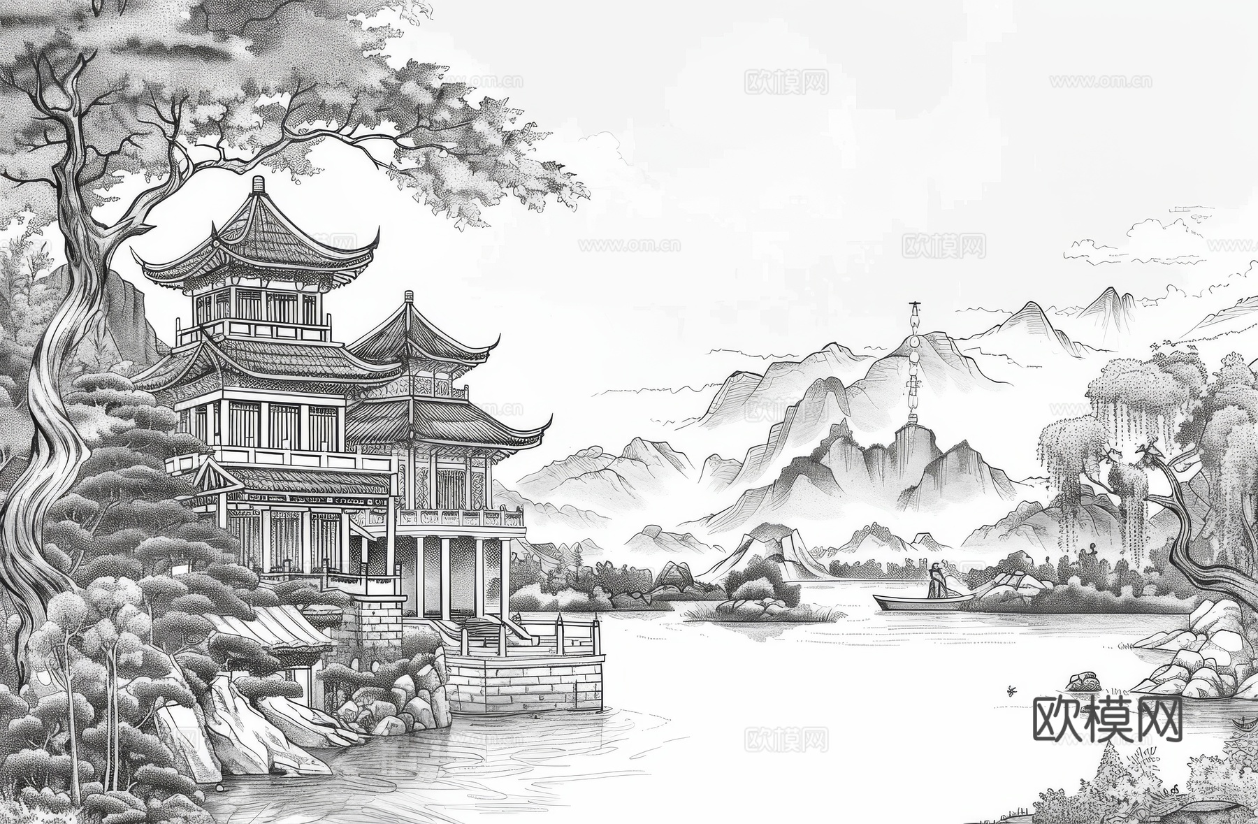 新中式亭台楼阁线条建筑壁画