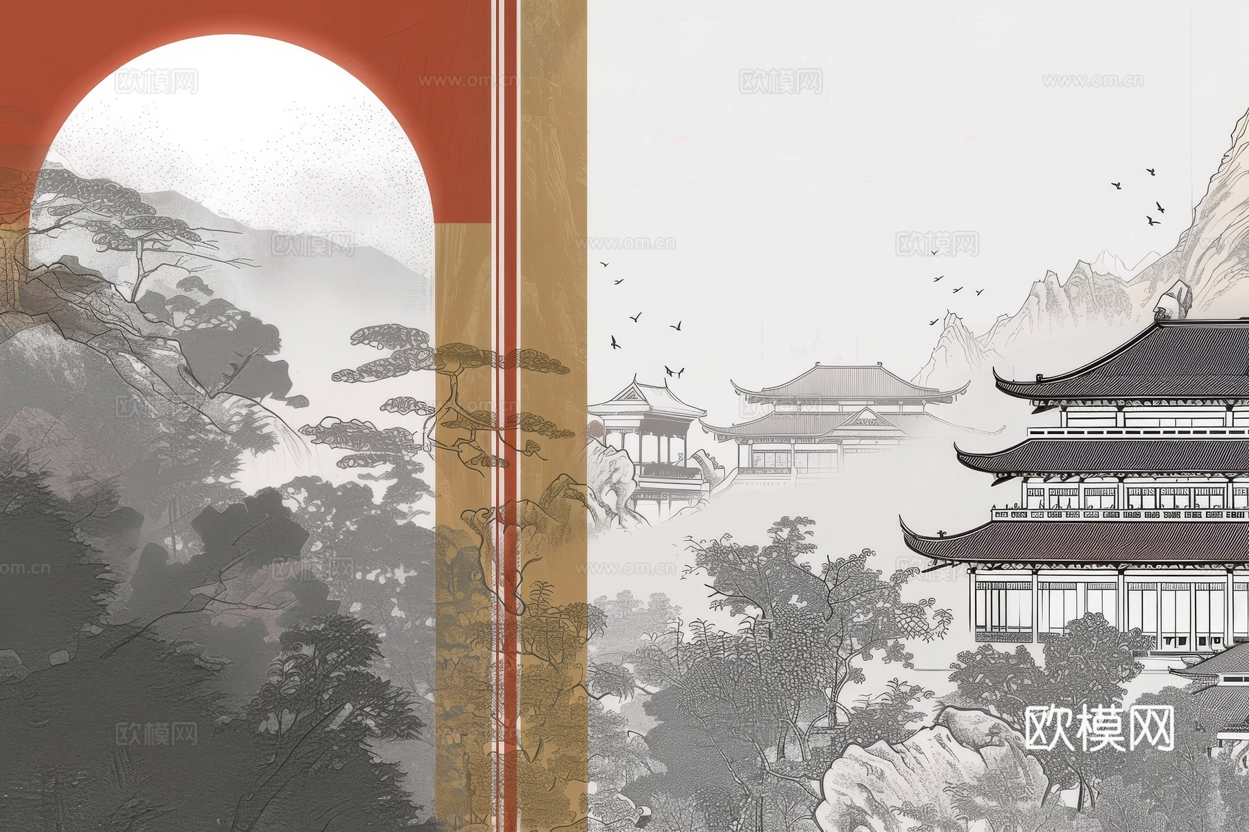 新中式亭台楼阁线条建筑壁画