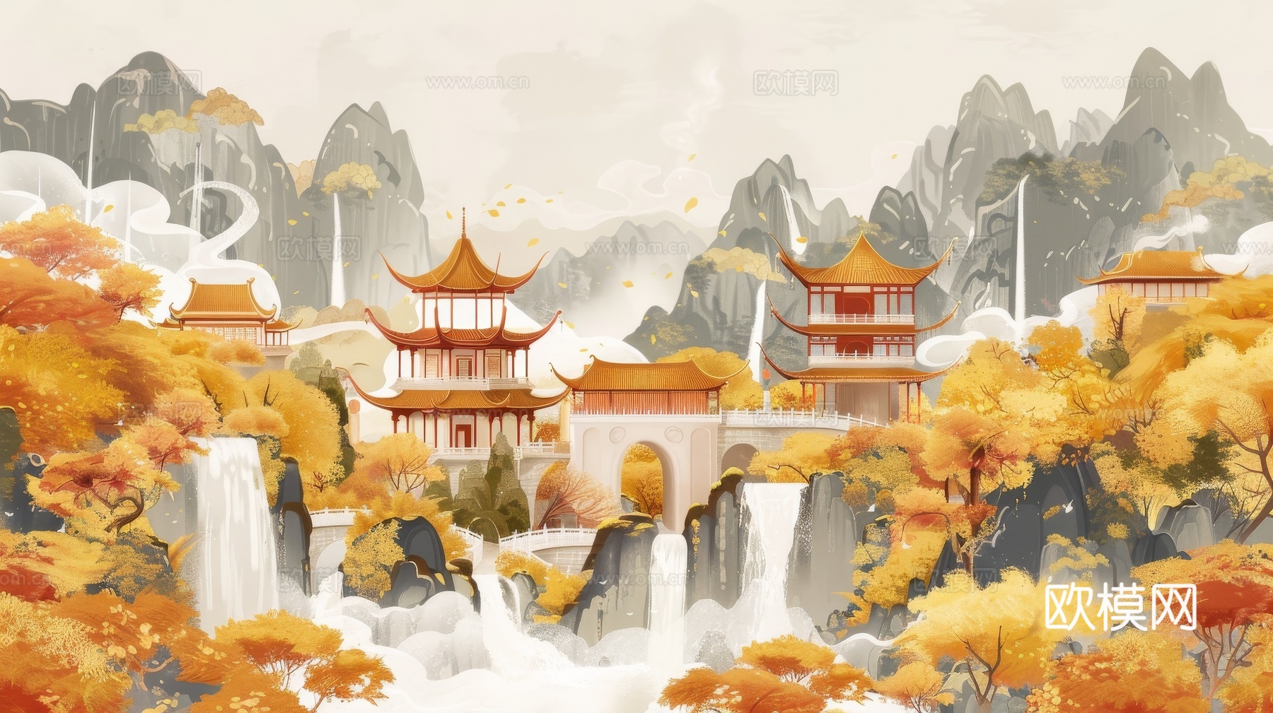 新中式亭台楼阁线条建筑壁画