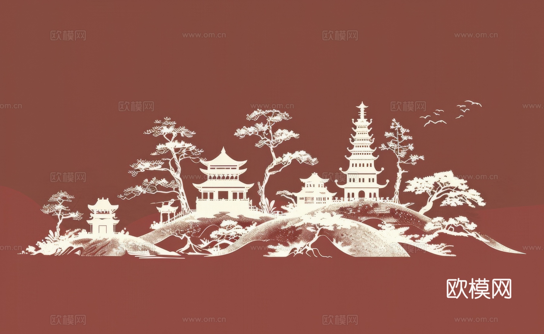 新中式亭台楼阁线条建筑壁画