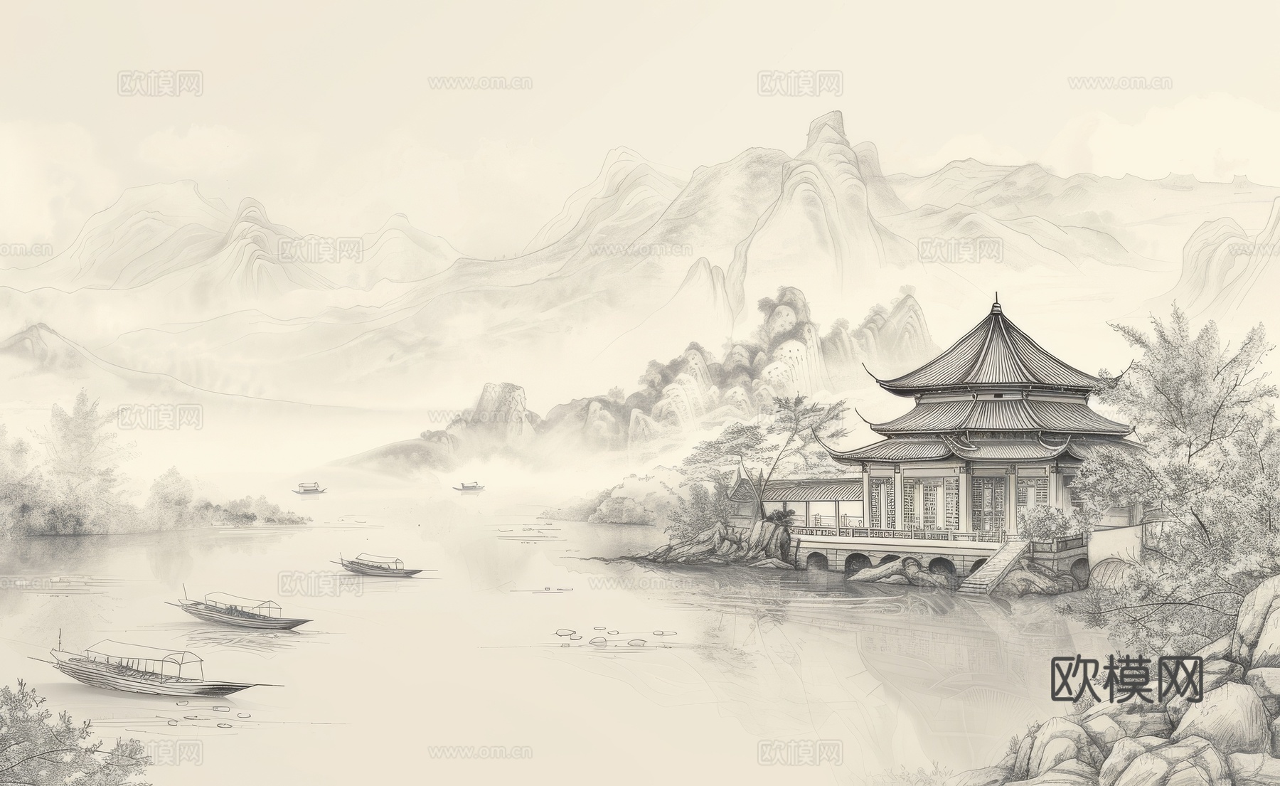 新中式亭台楼阁线条建筑壁画
