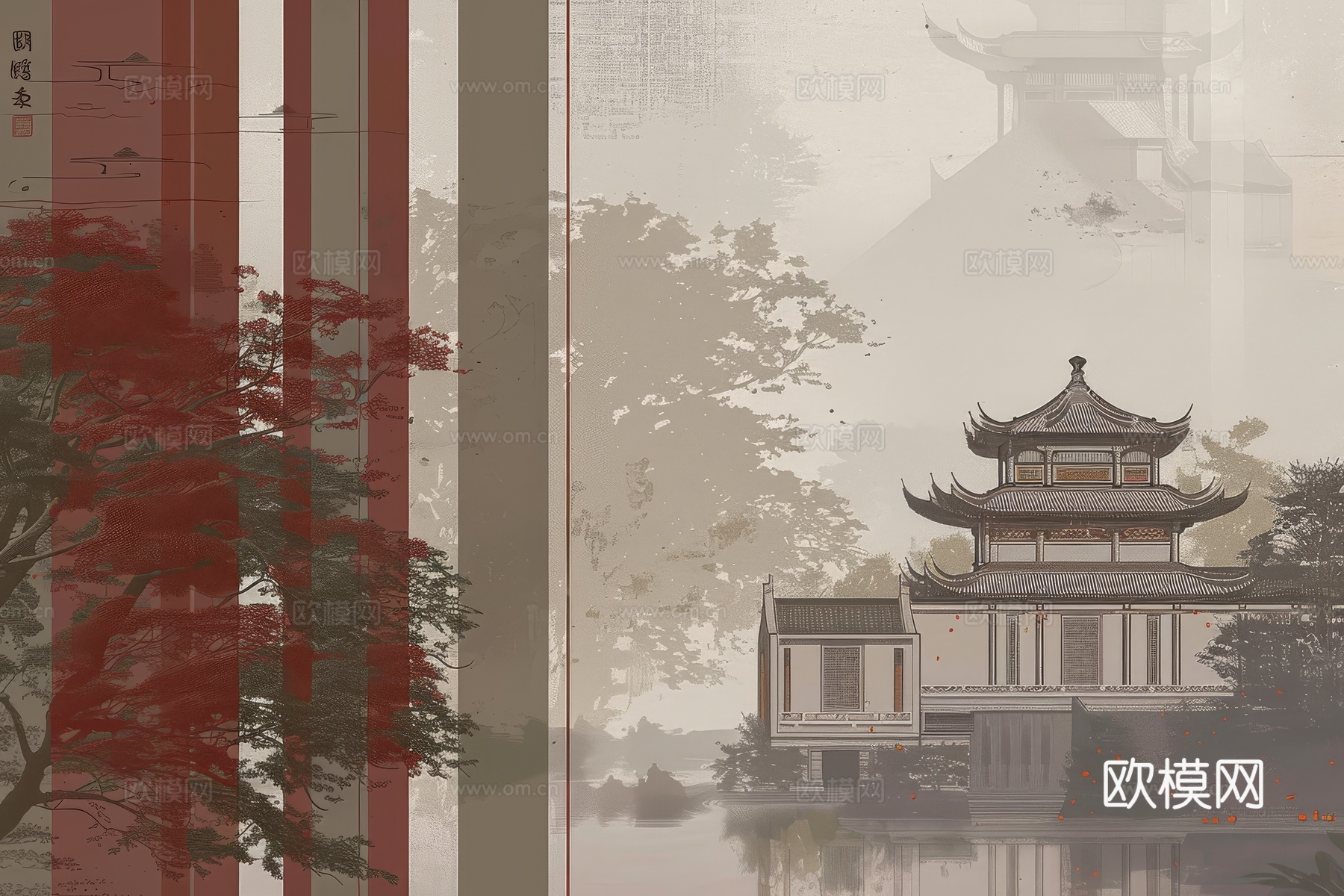 新中式亭台楼阁线条建筑壁画下载（渲染图8）