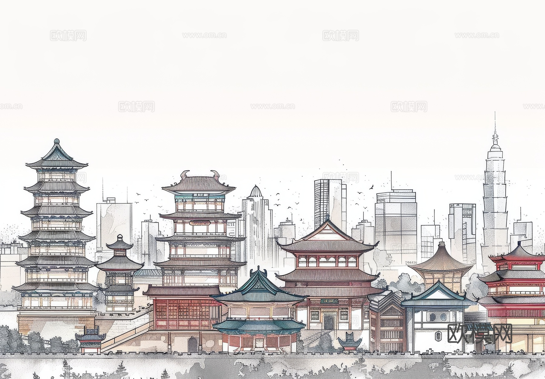 新中式亭台楼阁线条建筑壁画下载（渲染图2）