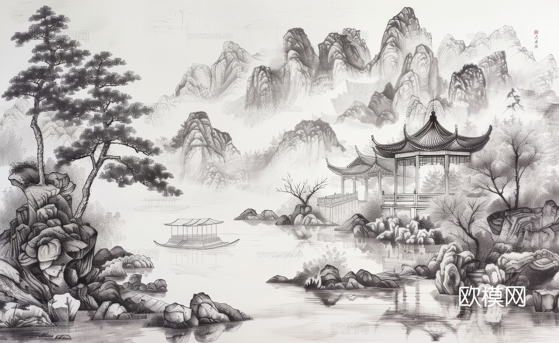 新中式亭台楼阁线条建筑壁画下载（渲染图4）