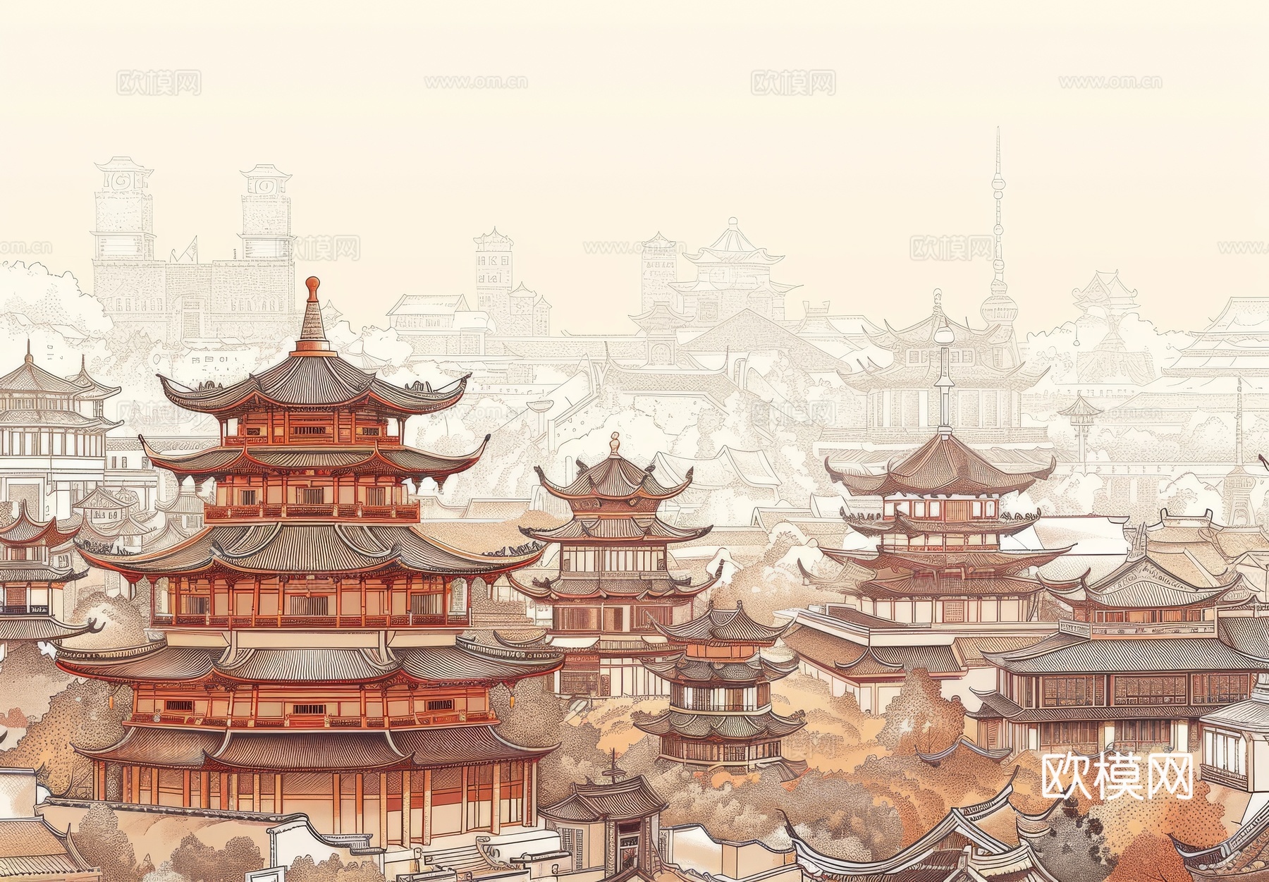 新中式亭台楼阁线条建筑壁画