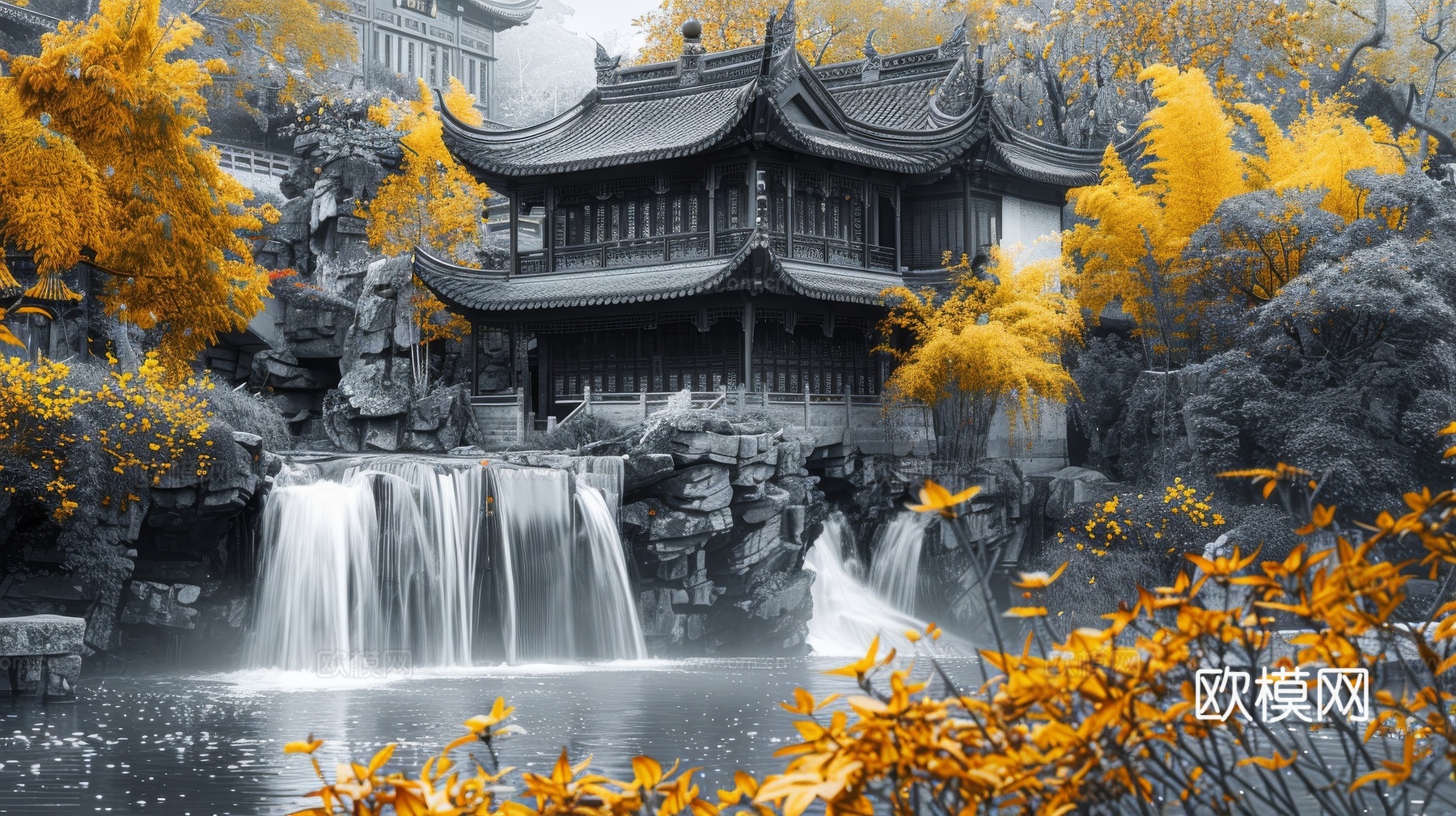 新中式亭台楼阁线条建筑壁画