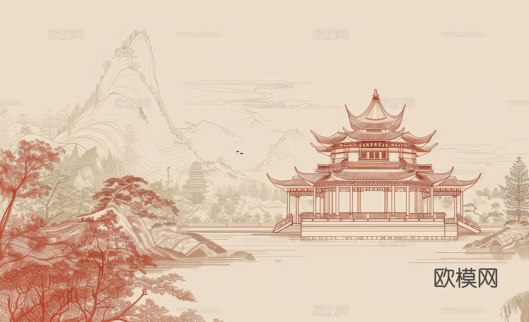 新中式亭台楼阁线条建筑壁画