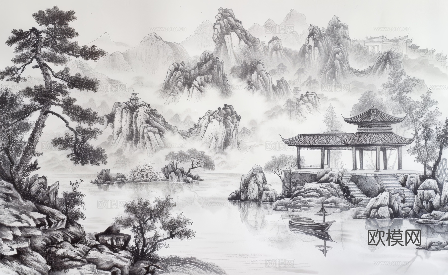 新中式亭台楼阁线条建筑壁画下载（渲染图5）