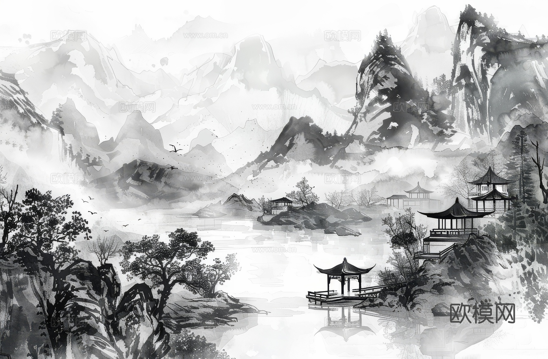 新中式亭台楼阁线条建筑壁画下载（渲染图2）