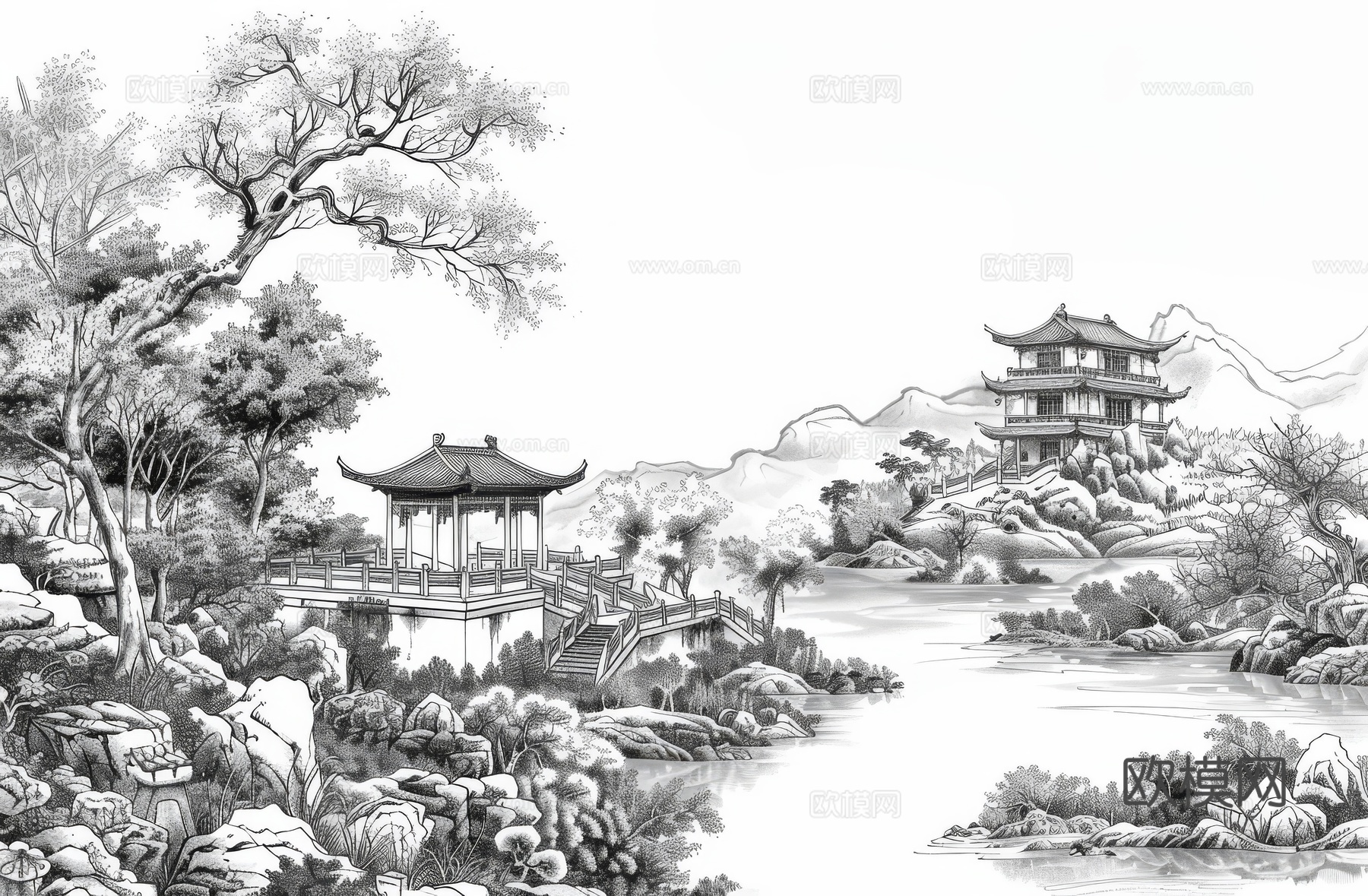 新中式亭台楼阁线条建筑壁画下载（渲染图6）