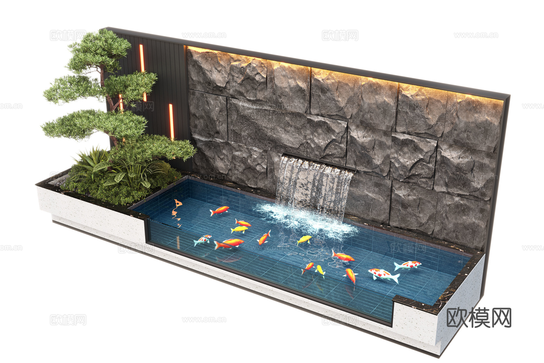 现代庭院水景 水景墙 叠水 景观植物 鱼池su模型