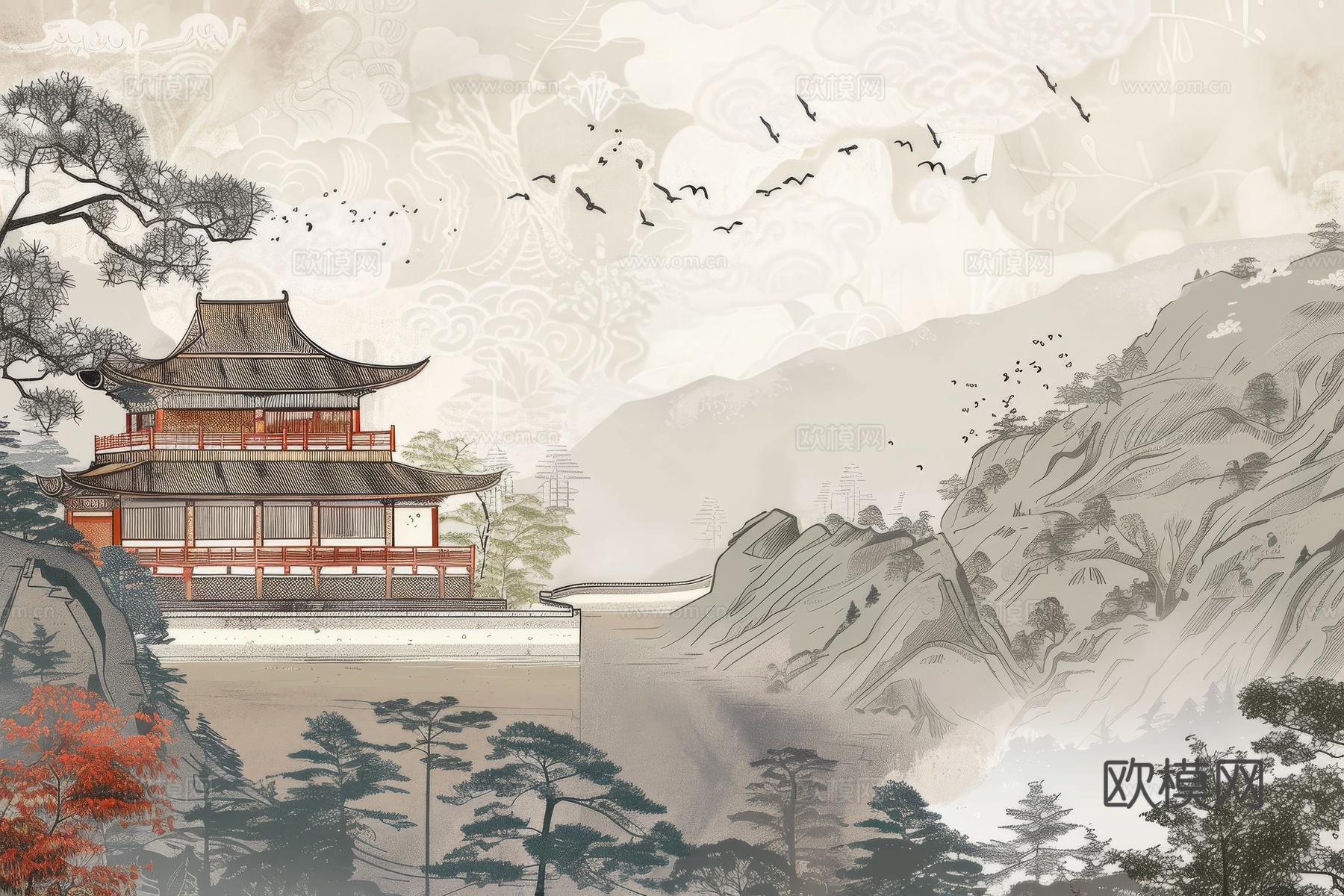 新中式亭台楼阁线条建筑壁画下载（渲染图6）