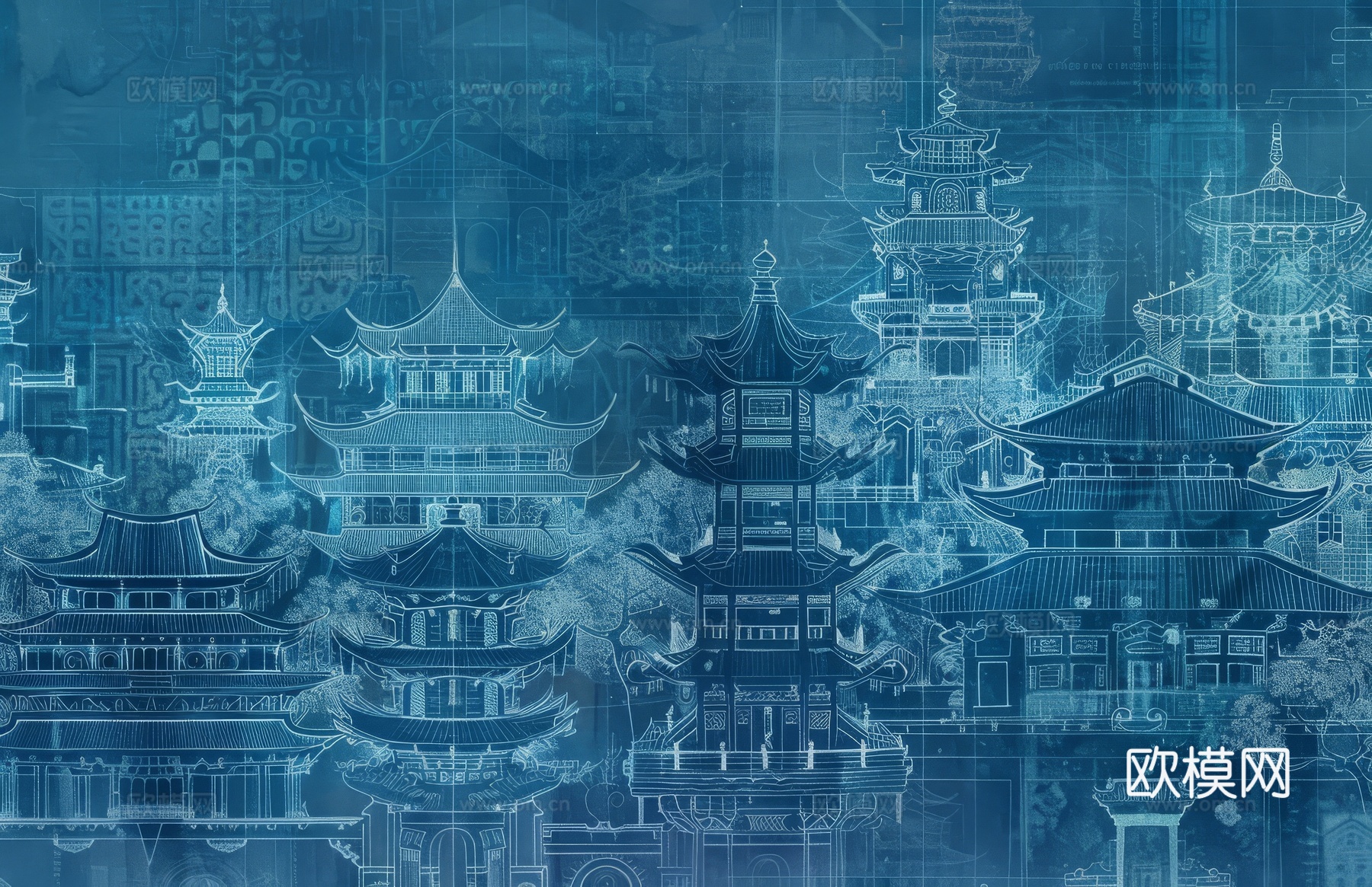 新中式亭台楼阁线条建筑壁画下载（渲染图3）