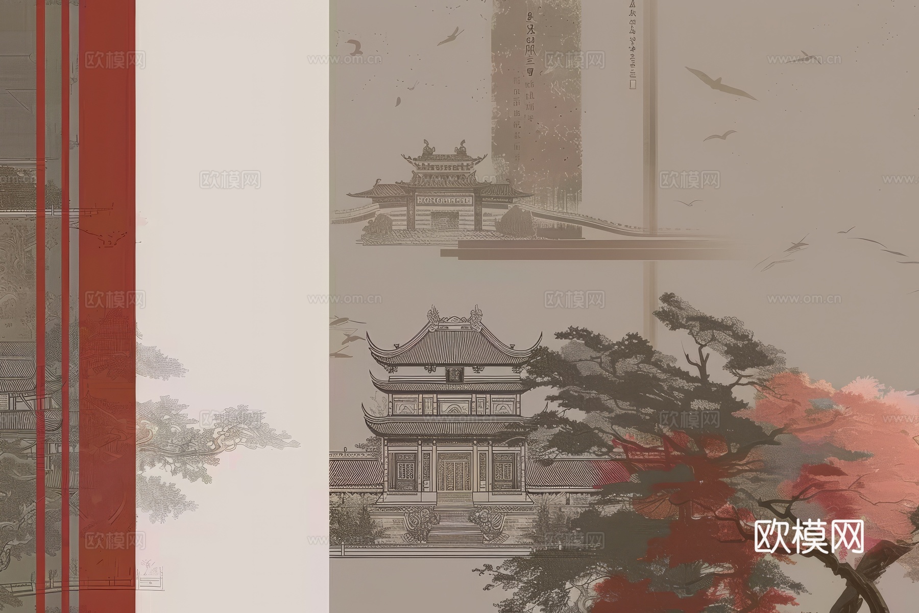 新中式亭台楼阁线条建筑壁画下载（渲染图6）