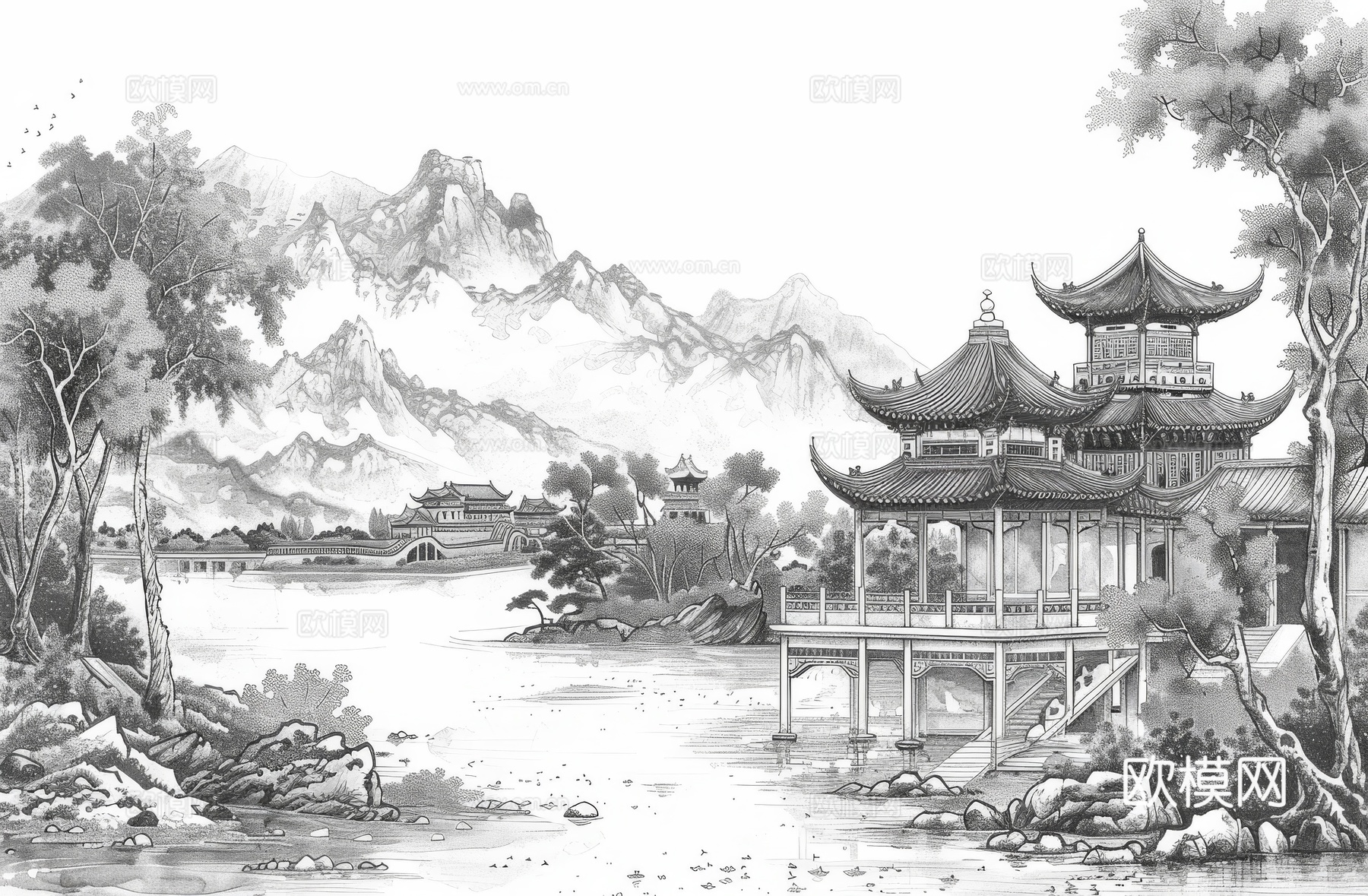 新中式亭台楼阁线条建筑壁画