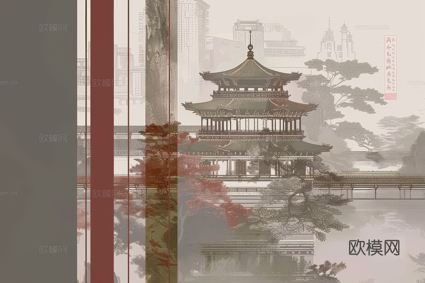 新中式亭台楼阁线条建筑壁画下载（渲染图1）