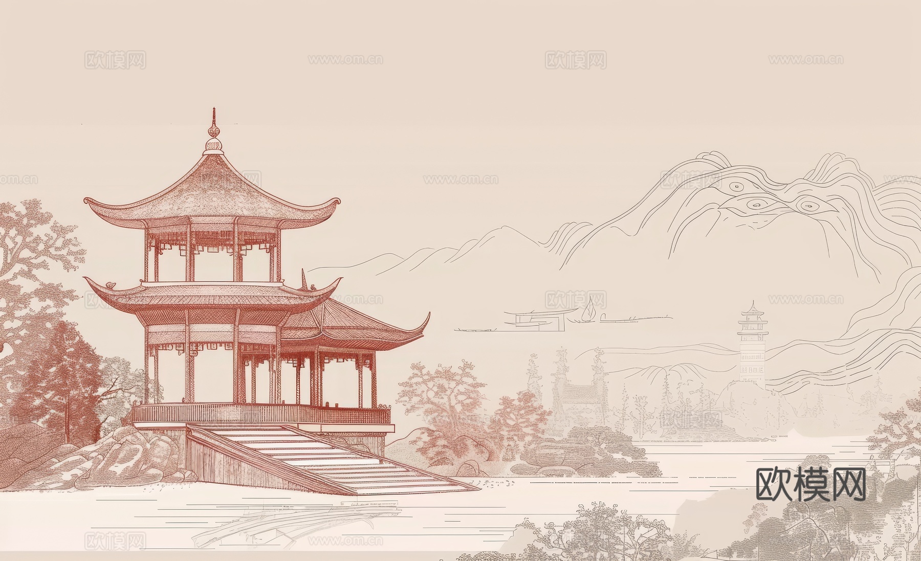 新中式亭台楼阁线条建筑壁画下载（渲染图7）