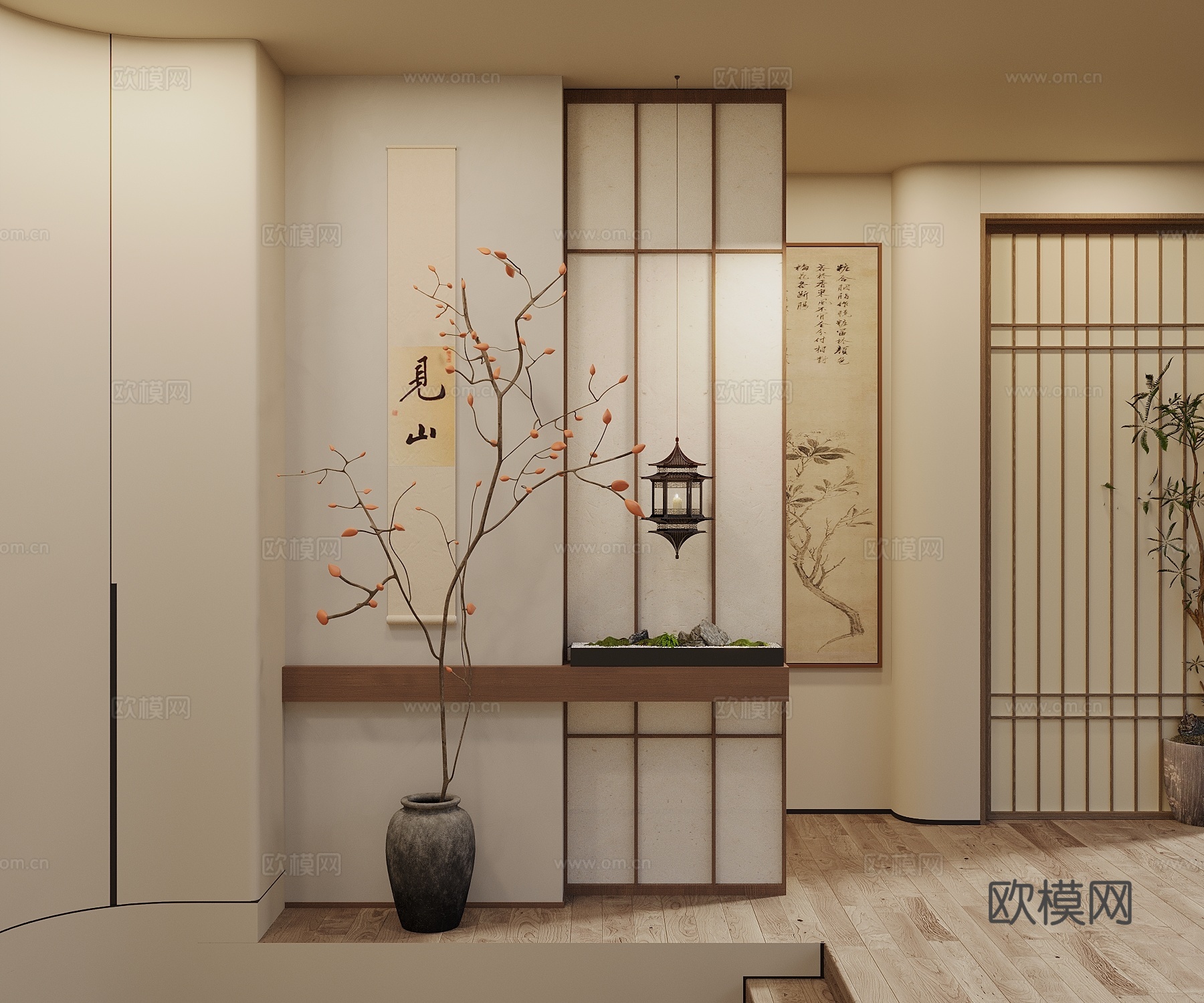 宋式新中风玄关 端景台 宋式风玄关隔断 吊灯 微景观 挂画3d模型